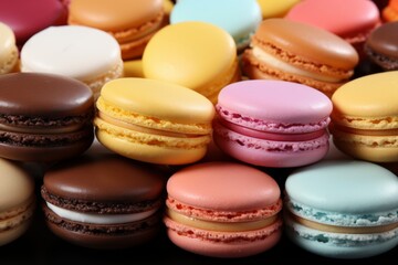 Obraz premium Colorful assortment of french macaroons from above. Delicious sweet confections for sale.
