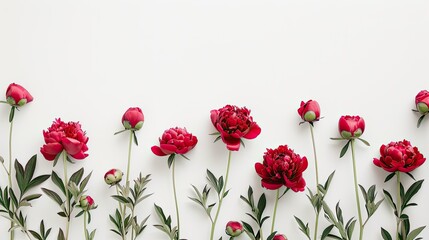 white, red, or pink peonies against a clean white background, leaving ample space for text or graphic elements in a realistic photograph.