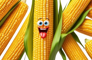 Cartoon cheerful corn with big eyes, shows tongue on white background among corn cobs, close-up, concept of corn products production