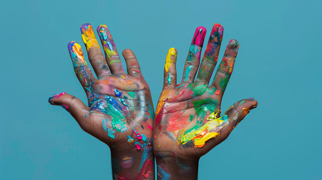 Kids hands adorned with colourful paints childhood creativity 