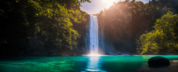 Panoramic view of tropical waterfall and calm lake with clear blue waters in a summer or spring day.