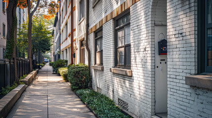 Fototapeta na wymiar Crimson and Azure Art Deco Townhouses on Sidewalk Gen AI