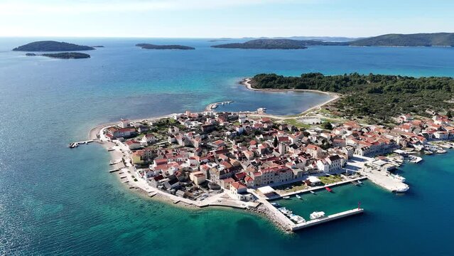 Island of Krapanj on the Adriatic sea - drone shot 4k