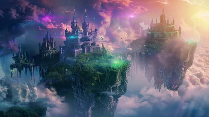Photo sur Plexiglas Paysage fantastique Mystical Fantasy Castles Soaring Above Clouds Spectacular digital painting depicting majestic fantasy castles with lush greenery, floating above a sea of clouds under a celestial sky.  