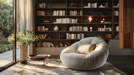 Obraz na płótnie Canvas Modern Living Room with Cozy Armchair and Bookshelf