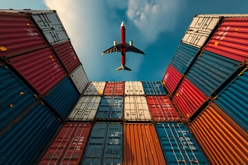 An Air Cargo Plane Flying Above Colorful Shipping Containers - obrazy, fototapety, plakaty