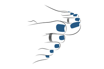 Closeup beautiful woman feet with blue nails and toe rings line drawing isolated on white background - vector illustration