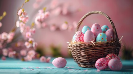 A charming wicker basket filled with vibrant, speckled Easter eggs on a rustic wooden backdrop