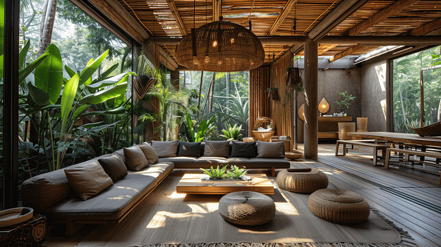 Tropical Style Open-Air Living Room Interior with Rattan Furniture
