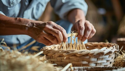 Artisan crafting traditional wicker basket hands - obrazy, fototapety, plakaty