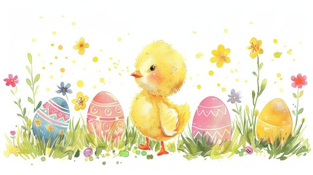 A delightful watercolor painting of a yellow chick among blooming flowers and decorated Easter eggs signifies renewal