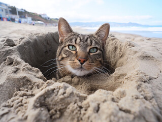 Kot w piasku na plaży - obrazy, fototapety, plakaty