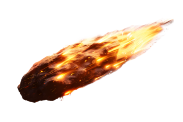 A brilliant flaming meteor with glowing molten tail streaking across the night sky, isolated on a transparent background for easy  onto astronomy photography