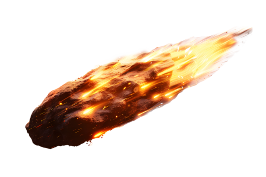 A brilliant flaming meteor with glowing molten tail streaking across the night sky, isolated on a transparent background for easy  onto astronomy photography