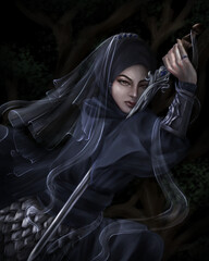 illustration of female Muslim warrior with armor and sword. Fantasy illustration of woman warrior