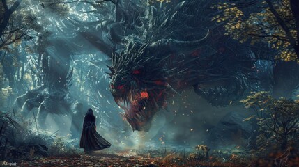 The Witch Woman faces a huge and scary monster in the forest AI generated image - obrazy, fototapety, plakaty