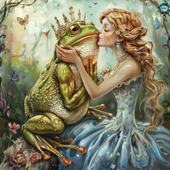 Księżniczka z bajki całuje żabę