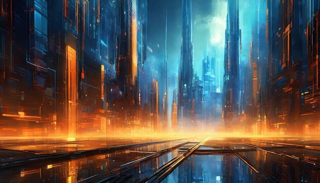 Futuristisch visionärer Hintergrund im Zeitalter der Digitalisierung und KI. Blau Orange.