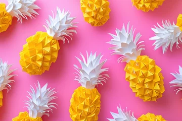 Gordijnen Origami Pineapples Arrangement on Pink Background with White and Yellow Paper for Creative Summer Decor Concept © SHOTPRIME STUDIO