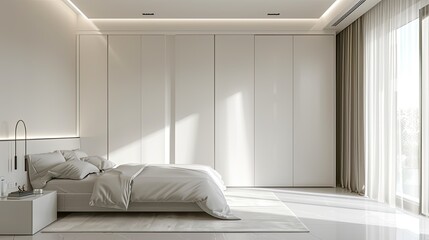 a modern bedroom adorned with a white wardrobe, exuding brightness in a realistic photograph.