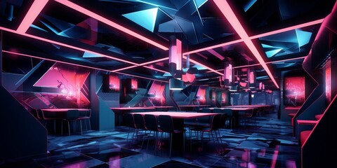 Realistic indoor photograph of a dark bar with a neon ceiling and an alternate cubist reality breaking in, vaporwave palette. From the series “Cosmic Living."