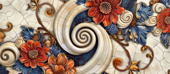 Pattern design of ceramic tile spiral floral motif - obrazy, fototapety, plakaty