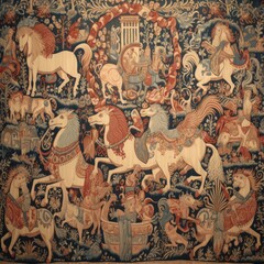 Brightly colored medieval tapestry of horses and fantastic beasts on a complex figured background. From the series “Lost Cities of Central Asia."