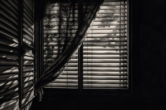 Black and white indoor photograph of a window with blinds and curtains in a darkened room, afternoon sun, dramatic light and shadow. From the series “Recurring Dreams," "Twilight Zone."