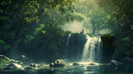 A moment frozen in time as friends discover a hidden waterfall in a dense, enchanted forest. - obrazy, fototapety, plakaty