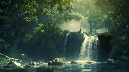 Foto op Canvas A moment frozen in time as friends discover a hidden waterfall in a dense, enchanted forest. © Its Your,s