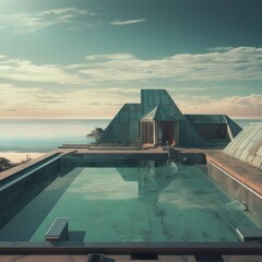 Outdoor photograph of a swimming pool with modernist outbuildings next to the ocean, calm waters and sunshine. From the series “Abstract Architecture.