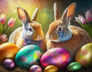 Fototapeta na wymiar Easter bunnies and Easter eggs