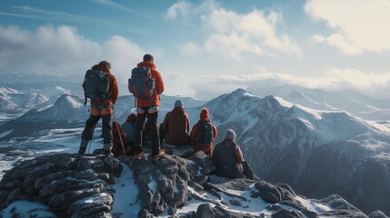A moment of reflection as friends gather around a mountain summit cairn, celebrating a successful ascent. - obrazy, fototapety, plakaty