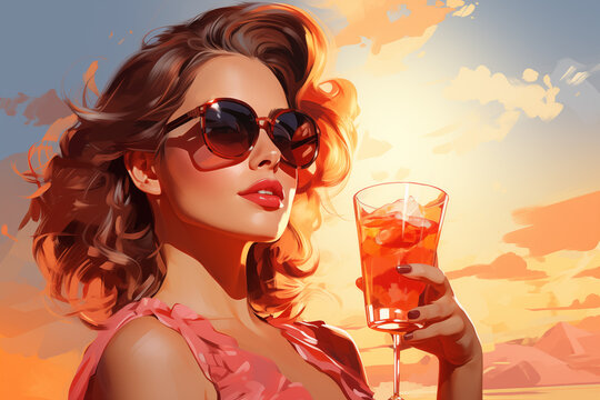 Glamour and allure of a chic woman enjoying a refreshing cocktail during a beautiful sunset on luxurious and carefree summer evening