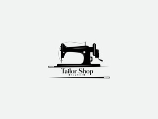 Vintage tailor machine logo. Gentleman dress. Clothing business. Tailor center logo design template. Dressmaker. Needles vector. Fashion tailor. Black color.