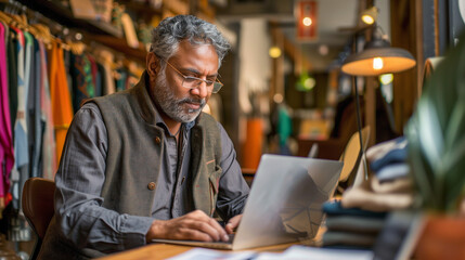 Boutique owner working on a laptop