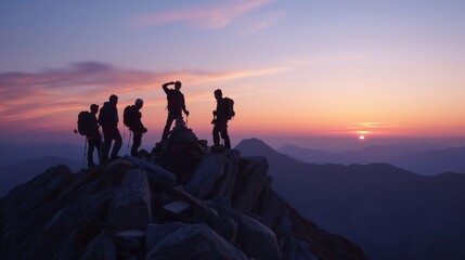 A moment of reflection as friends gather around a mountain summit cairn, celebrating a successful ascent.