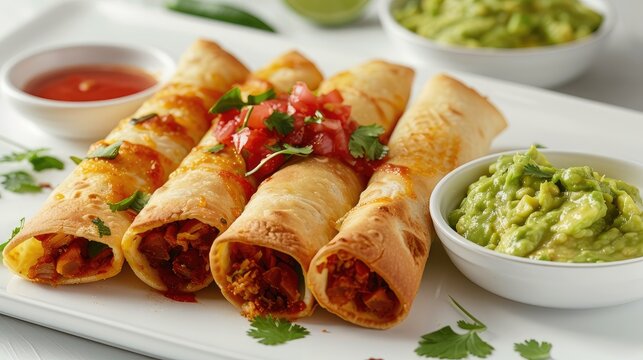 a platter of authentic Mexican flautas, served with vibrant salsa and creamy guacamole, elegantly arranged on a clean white background, with space available for custom text or graphics.