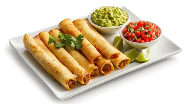 a platter of authentic Mexican flautas, served with vibrant salsa and creamy guacamole, elegantly arranged on a clean white background, with space available for custom text or graphics.