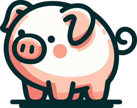 A chubby cartoon pig with a quirky expression and a playful curly tail, depicted in a charming style against a clean backdrop.