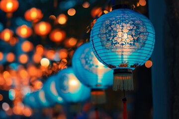 Blue traditional lanterns glowing dusk