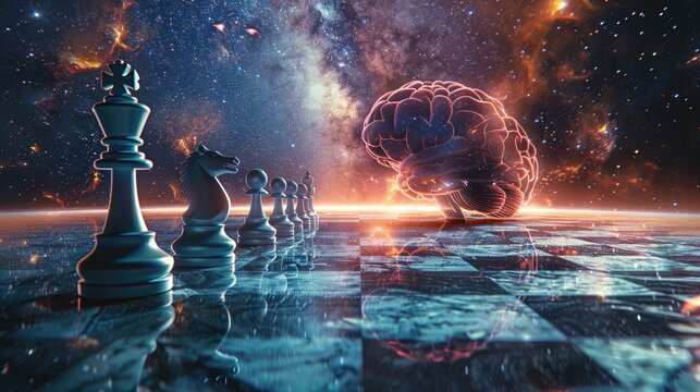 A digital brain with holographic chess pieces on an infinite grid board, floating in space against the backdrop of galaxies and nebulae. Generative AI.