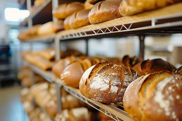Zelfklevend Fotobehang Freshly baked bread on metal racks bakery © kilimanjaro 
