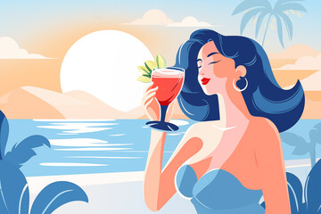 Graceful woman savoring a cocktail, embodying a sense of relaxation and sophistication, tropical backdrop with the setting sun hint at an idyllic escape into a world of tranquil leisure