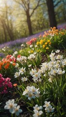 Fototapeta premium The arrival of spring and a close-up of an outdoor area surrounded by flowers, for print and frame, background wallpaper
