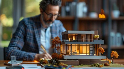 Architect Examining Detailed House Model at Desk