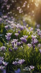 Obraz premium The arrival of spring and a close-up of an outdoor area surrounded by flowers, for print and frame, background wallpaper