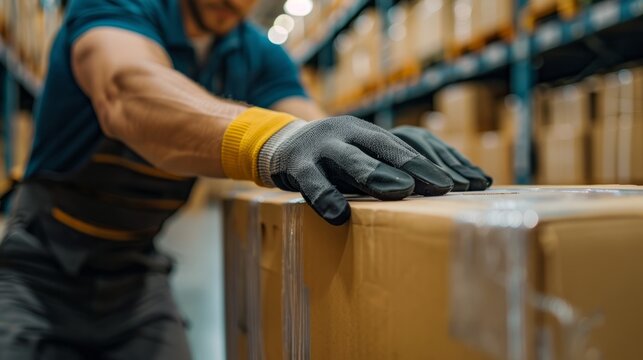 Close-up of a warehouse worker's hands with protective gloves placing cardboard boxes on a shelf, depicting logistics and distribution.