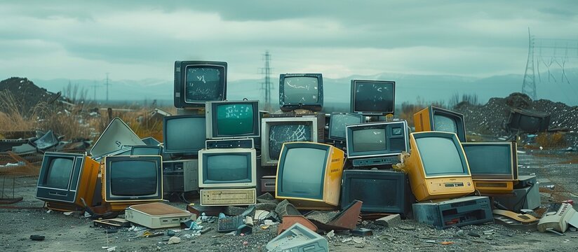 Many outdated computer monitors abandoned as a pile of garbage. Environmental problems that come from electronic waste