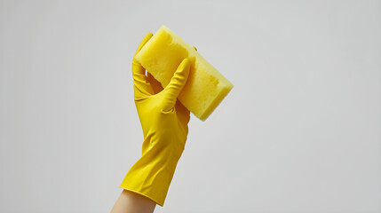 Hand in yellow rubber glove holds a foam sponge. Spring cleaning concept and hygiene. Banner for clinning service with copy space. Template background design for spring card, poster, ads, flyer.